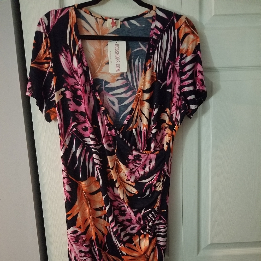 Plus size, tropical print shirred dress